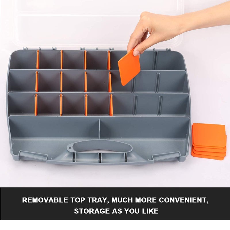 Makitoyo Hardware Storage Box Tools Organizer Container with Handle and Clear Lid, 21 Adjustable Compartments and 2 Fixed Sections,Perfect for Screws,Nuts, Bolts and Small Parts,15"L x 12.9"W x 2.9"H - Image 4